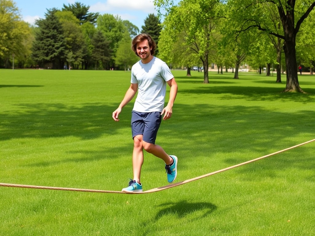 A beginner walking on a slackline in a park, vibrant green grass, sunny day, a balance-focused expression