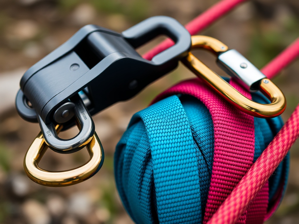 A close-up of slackline gear, including ratchets, carabiners, and a set of high-quality slackline straps