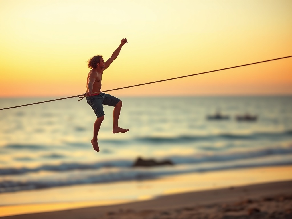 A seasoned slackliner performing tricks on the line with ease, mid-air, blurred background of a beach sunset