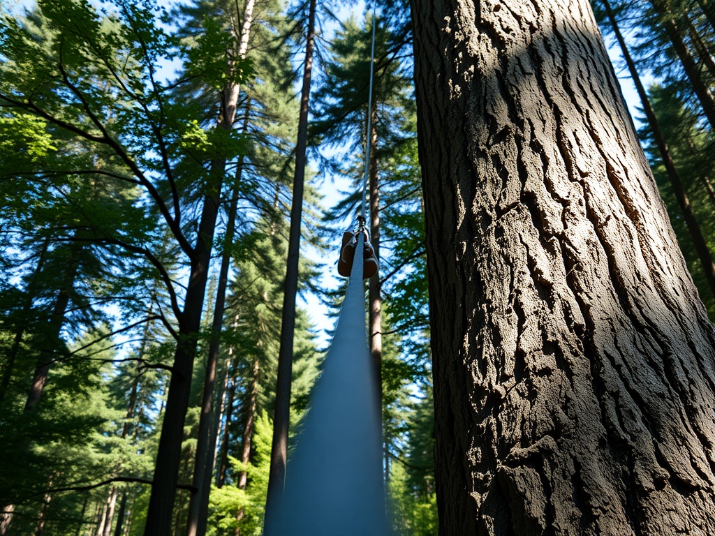Close-up of slackline setup between two large trees in a sunny forest setting