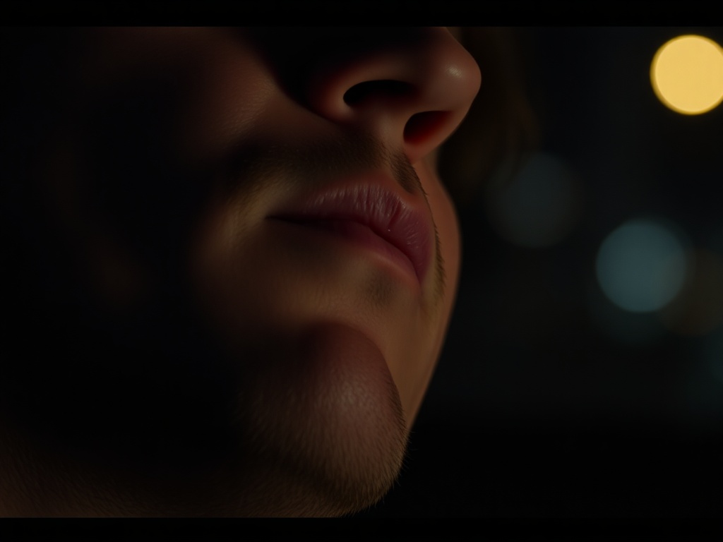 close-up of person breathing calmly, soft shadows, relaxed face, nighttime setting, cinematic low light