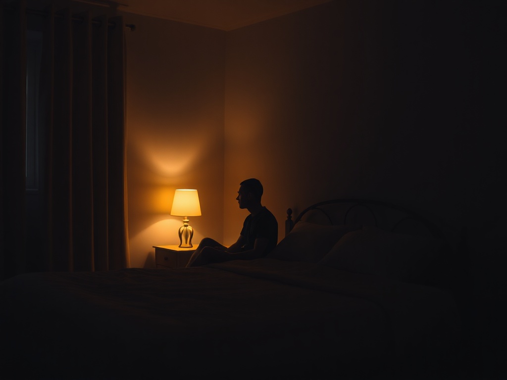 dimly lit bedroom with soft warm lamp, person sitting calmly on edge of bed, peaceful night atmosphere, minimal aesthetic