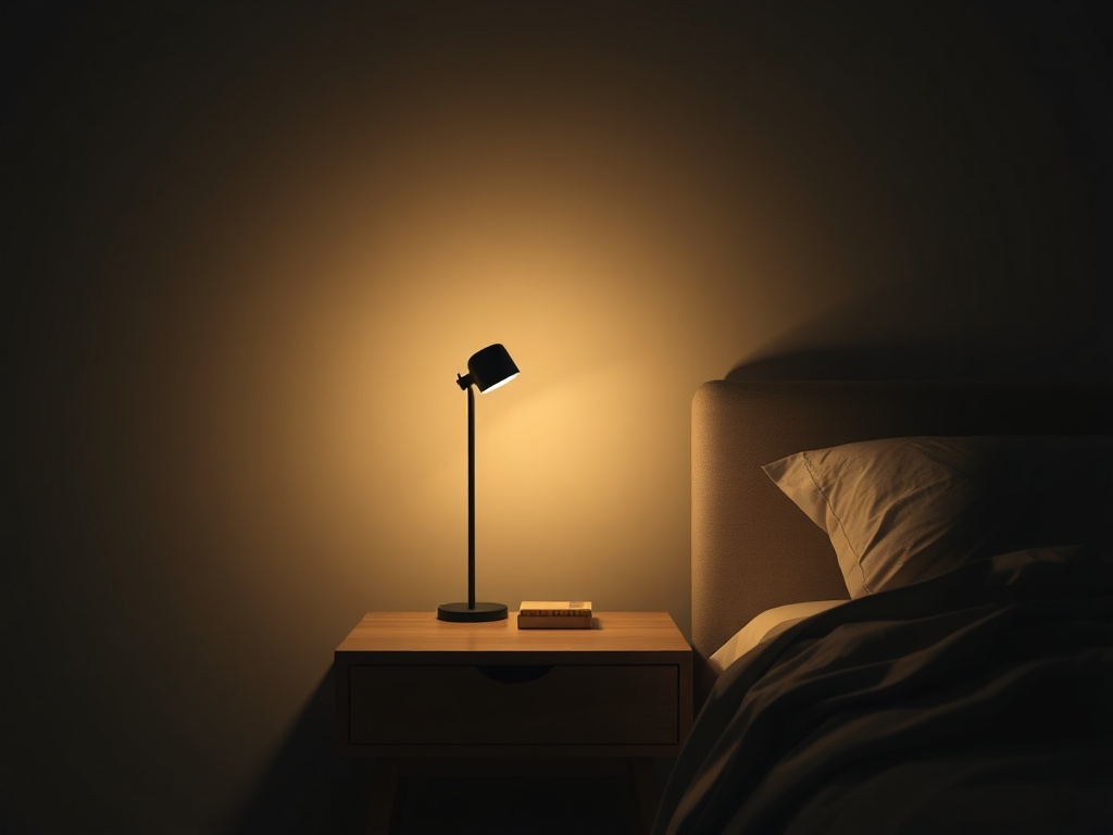 minimal bedside table with lamp turned off, calm dark room, serene night environment, clean aesthetic