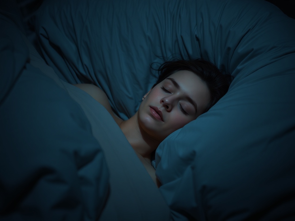 person lying in bed with eyes closed, peaceful expression, soft blankets, dark cozy room with faint light