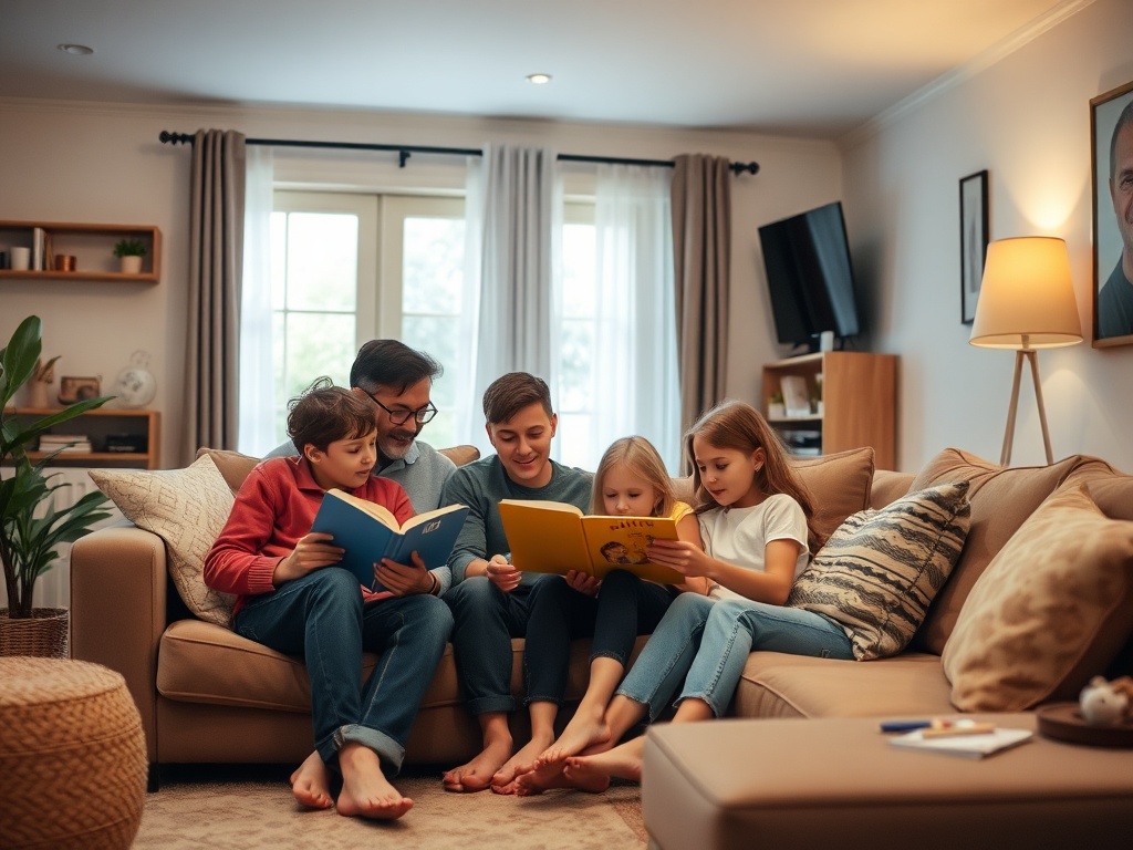 A cozy family living room, with parents and children enjoying quality time together, reading or talking
