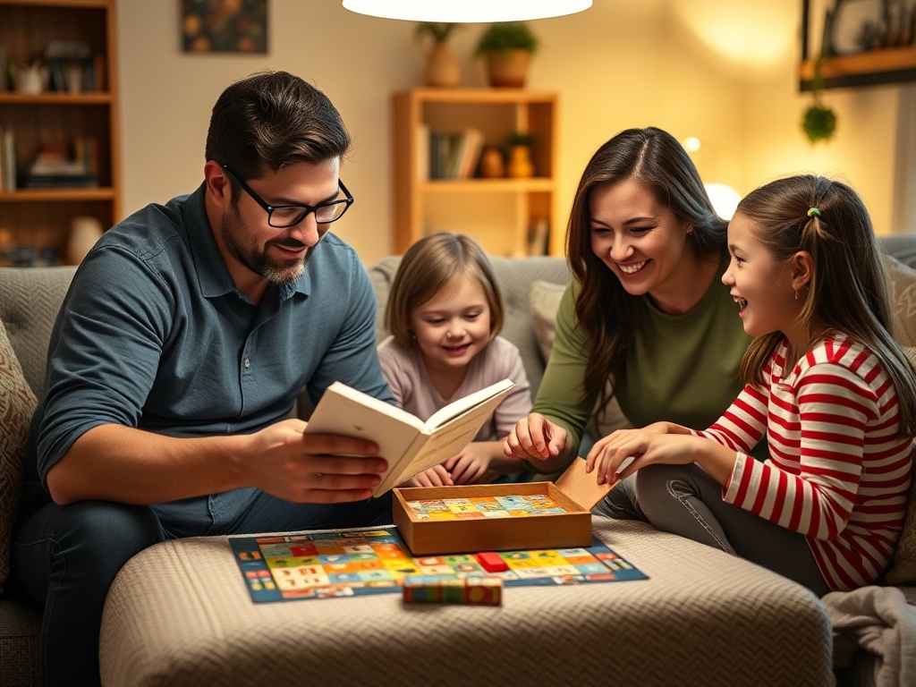 A family engaging in a fun, interactive activity together at home, such as reading or playing board games