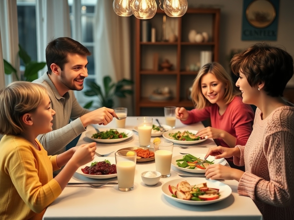 A family spending time together at a dinner table, sharing a meal, with a sense of warmth and unity