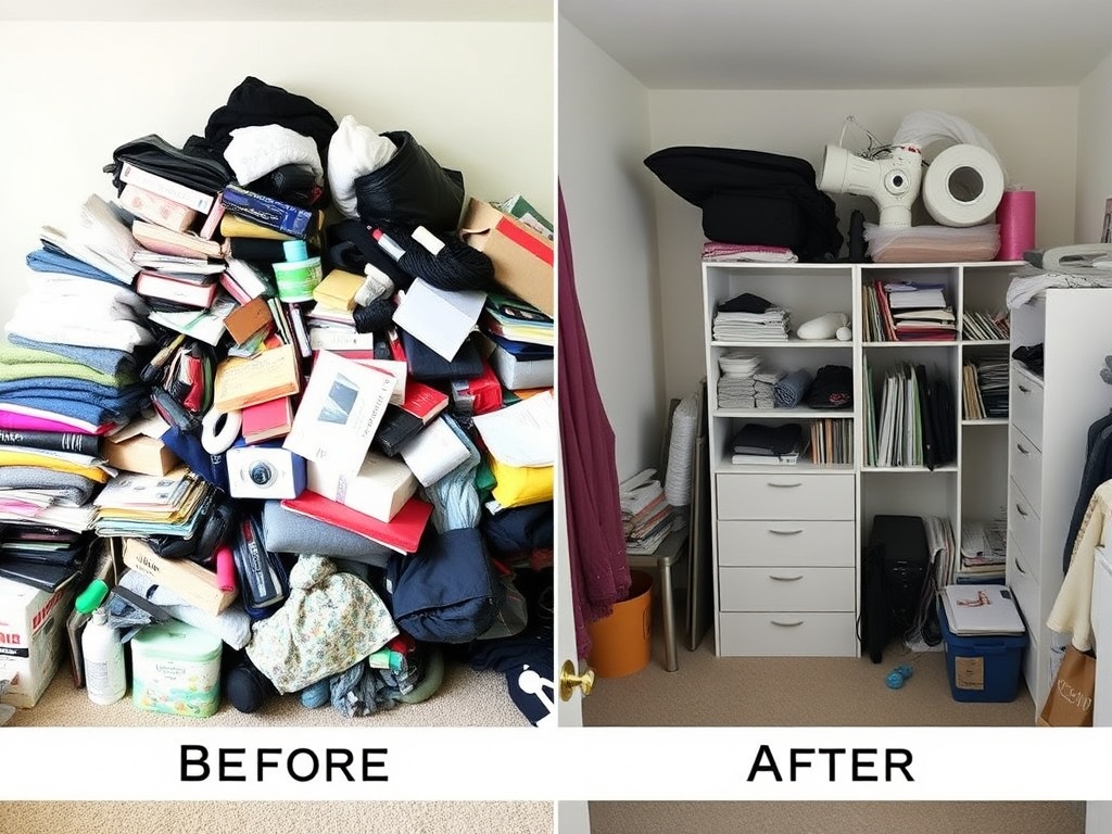 before and after photos of decluttering, with piles of items on one side and a clean, organized space on the other