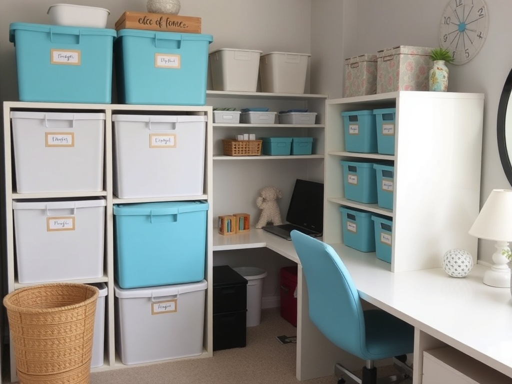 organized room with neatly labeled storage bins, a tidy desk with decorative items