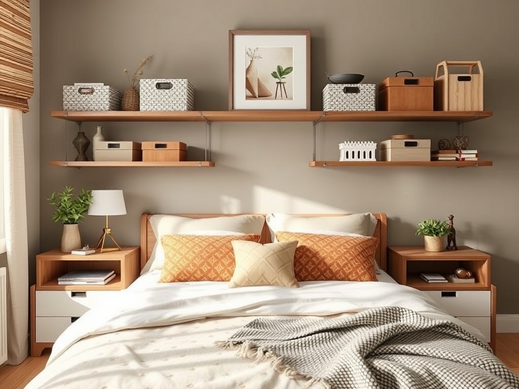 smart storage solutions like under-bed storage, wall-mounted shelves with decorative boxes