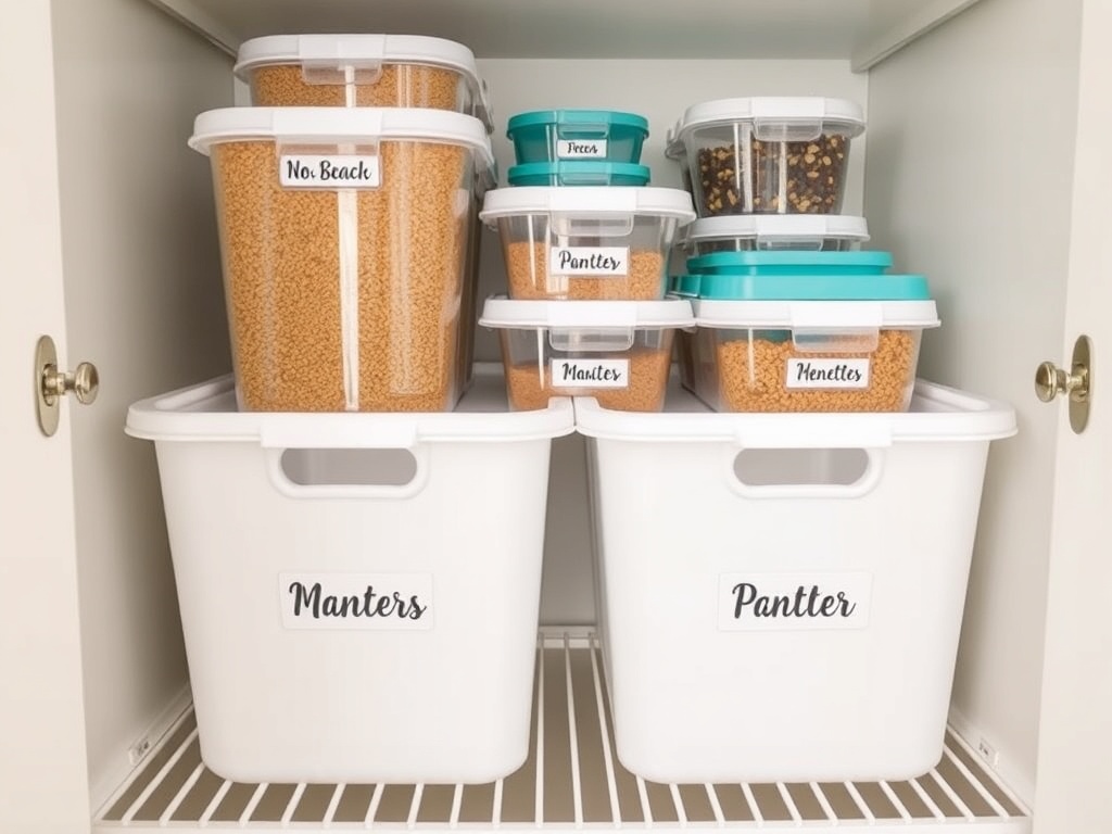 storage bins with labels, organized pantry with labeled containers