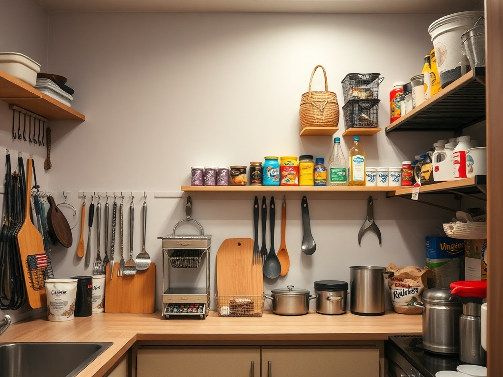walls with shelves and hooks, organized kitchen with items stored on high shelves