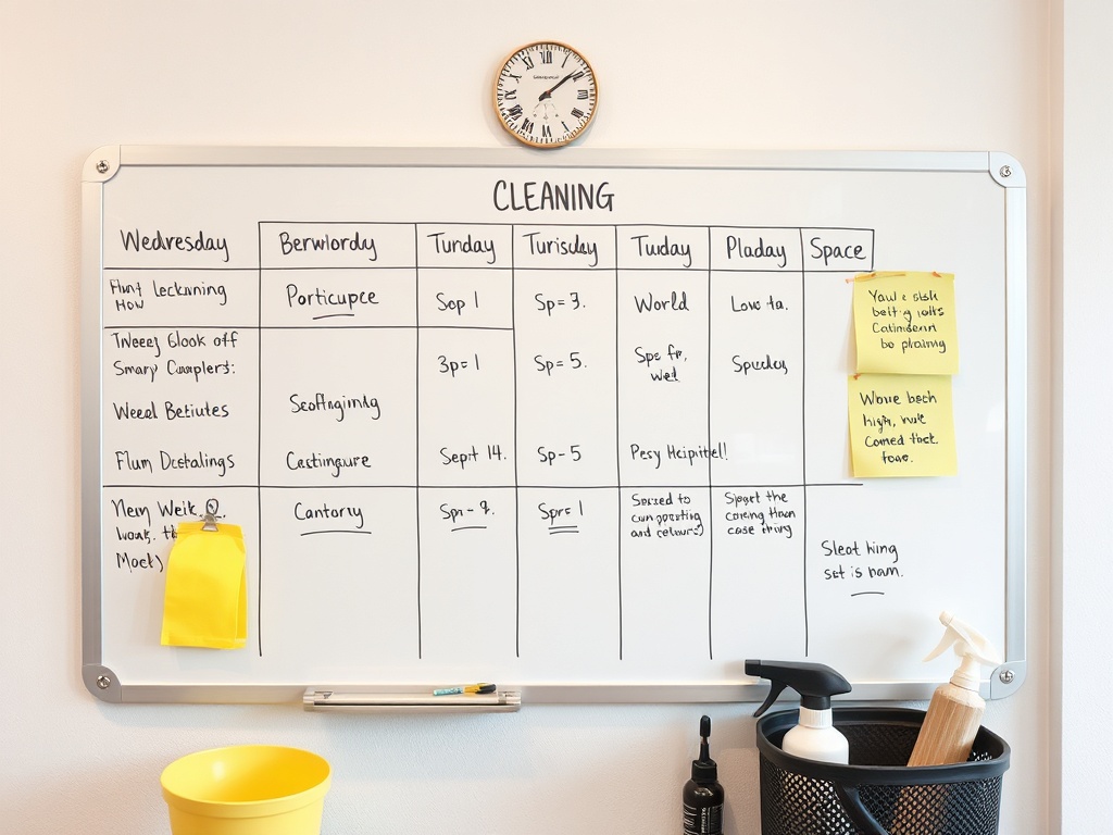weekly cleaning schedule on a whiteboard, organized space maintained over time