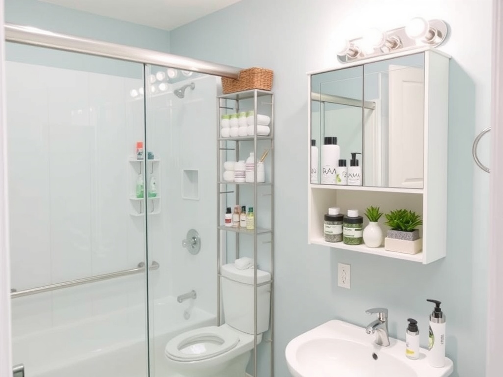bathroom with over-the-toilet shelves, shower caddies, mirrored storage cabinet