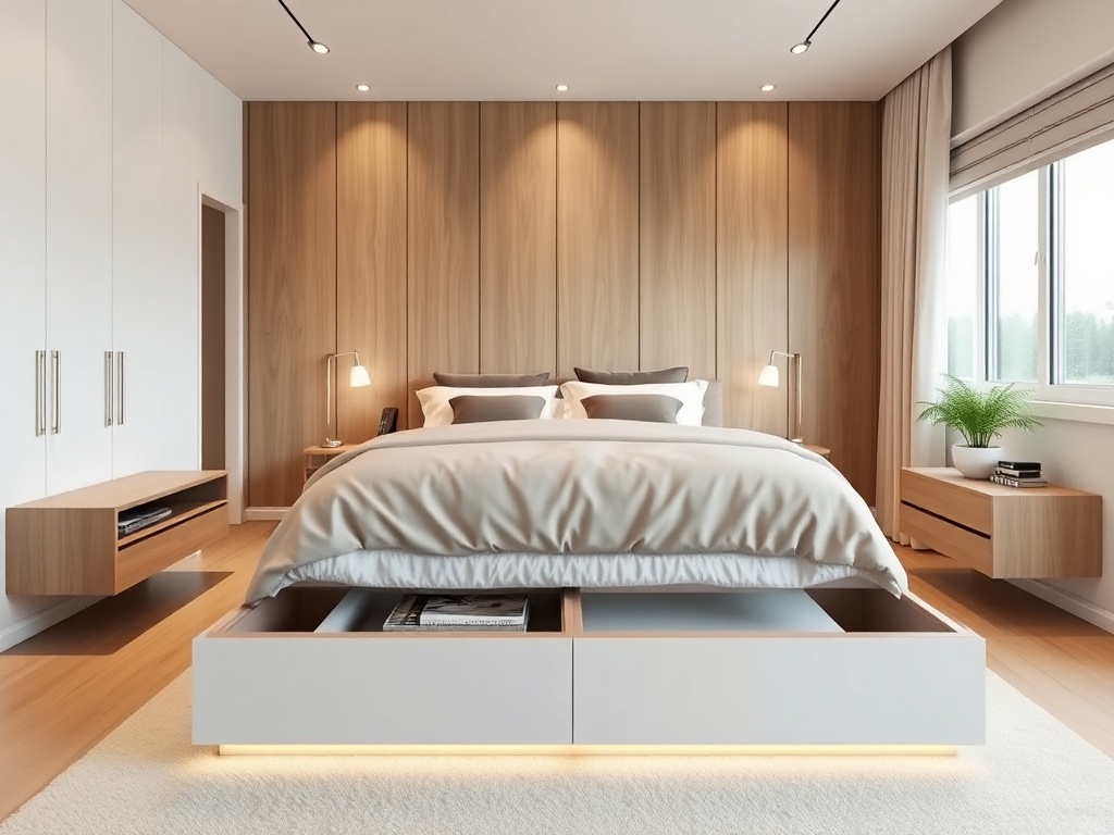 bedroom with under-bed storage, built-in wardrobes, floating nightstands