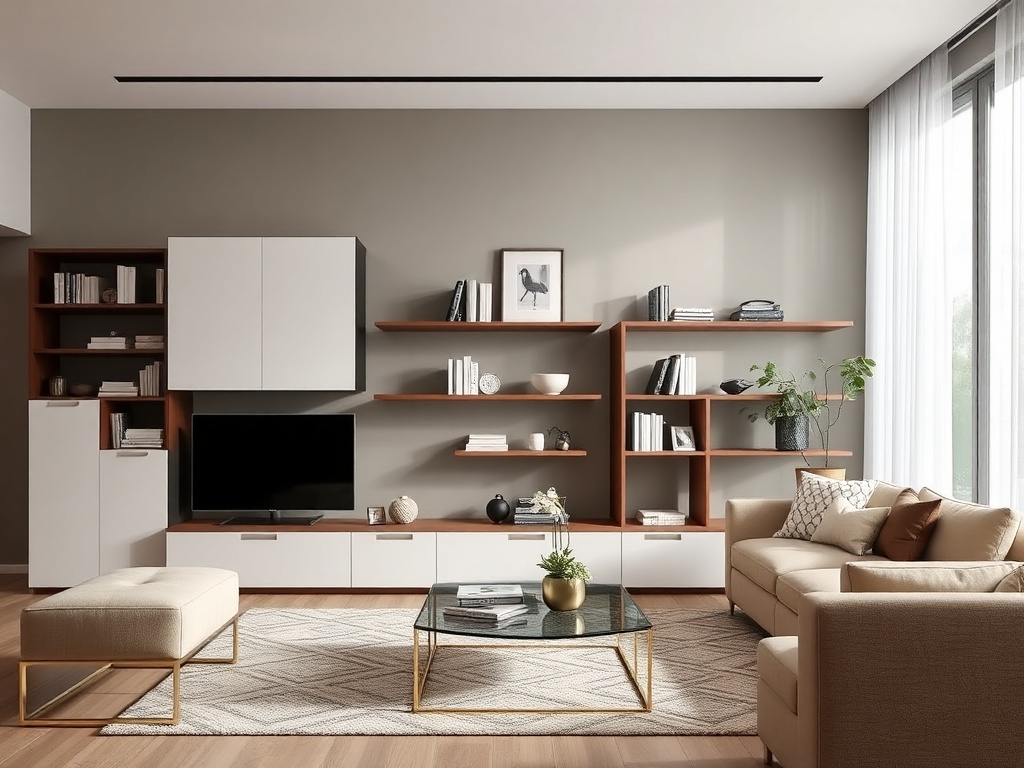 elegant living room with modern storage options, functional shelving, minimalist decor