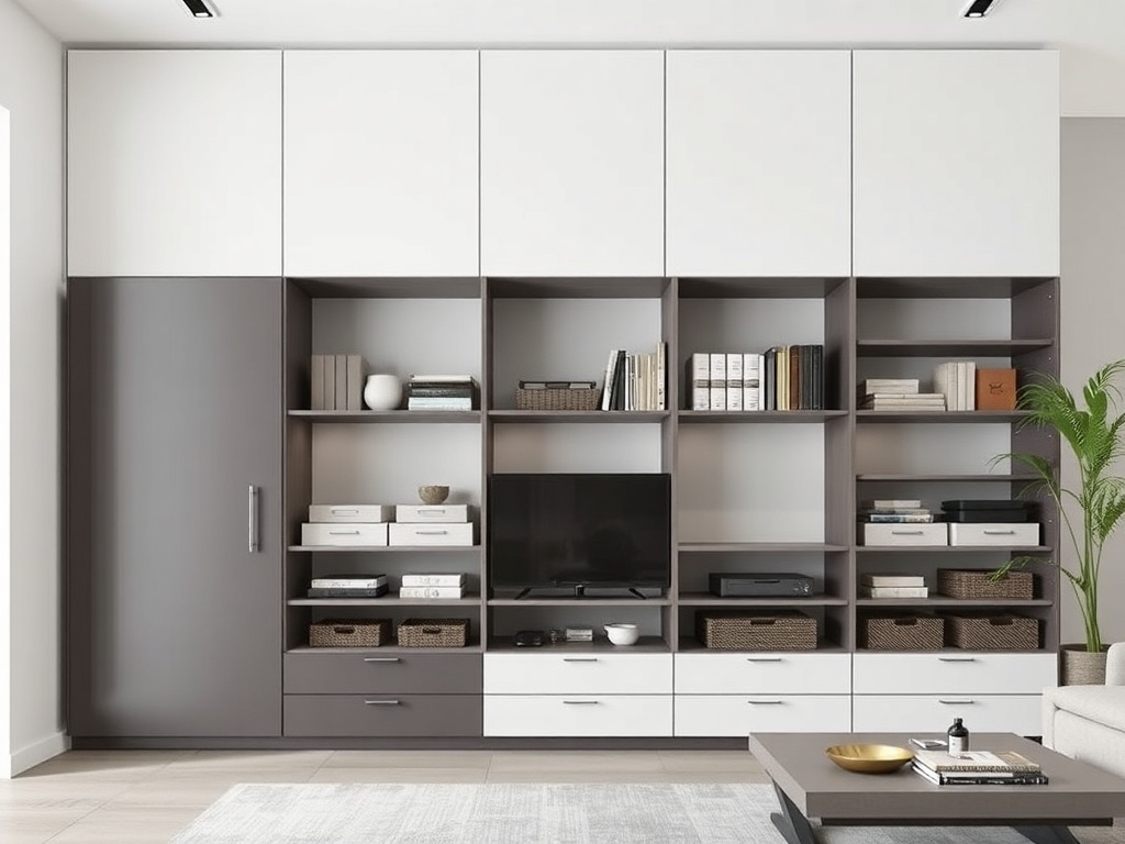 modern storage solutions, minimalist design with clean lines, contemporary furniture, organized shelves