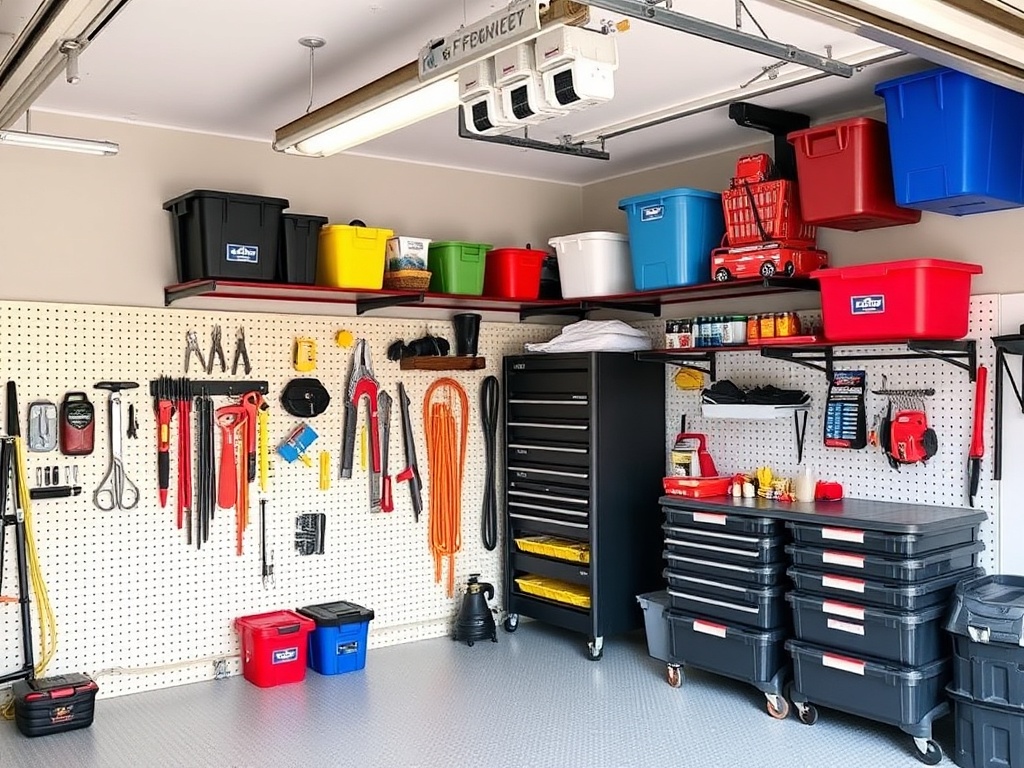 organized garage with pegboards, stackable bins, ceiling racks