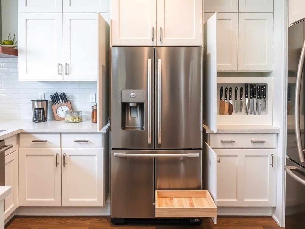 organized kitchen with pull-out cabinets, vertical storage, magnetic knife racks