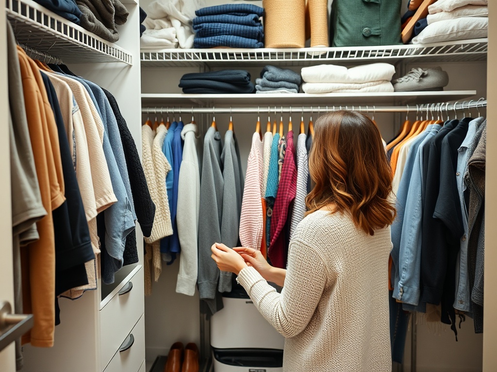 A person going through items in their closet, organizing and decluttering