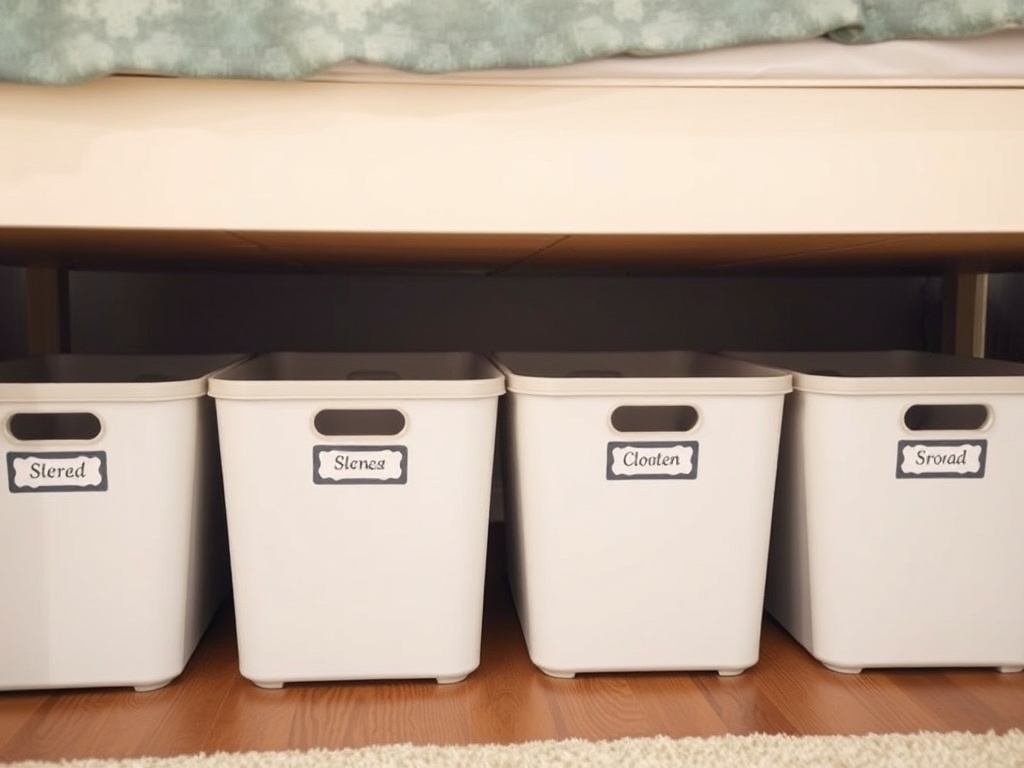 A row of storage bins under a bed, neatly labeled for easy access