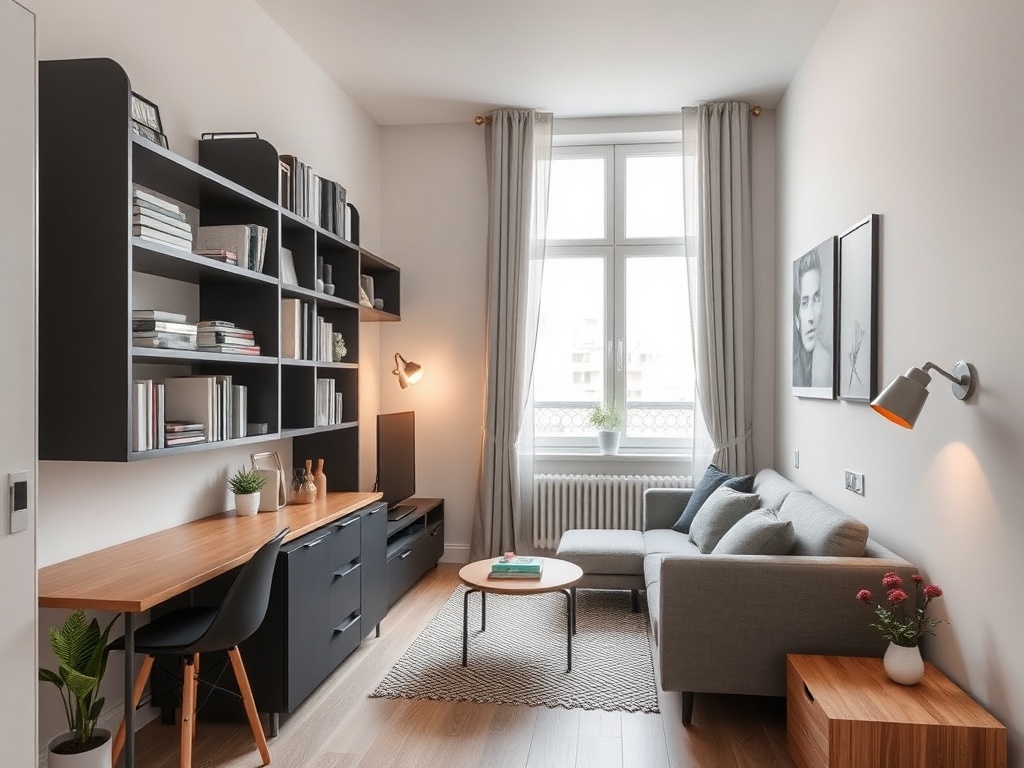 A small, stylish apartment with neatly organized shelves and multi-functional furniture