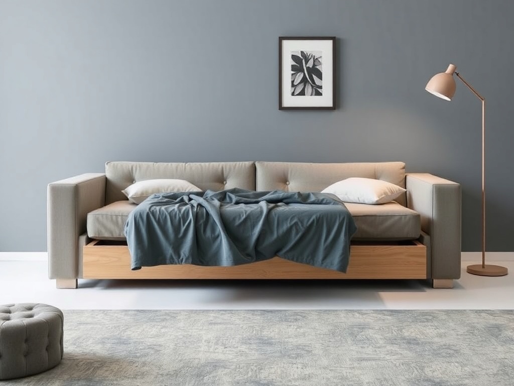 A sofa bed that transforms into a comfortable bed with a built-in storage compartment