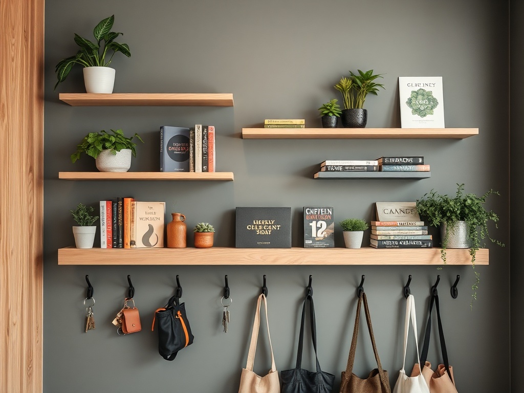 A wall with floating shelves displaying books and plants, with hooks below for hanging keys and bags