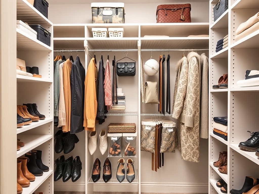 An organized closet with adjustable shelves and hanging organizers for shoes and accessories