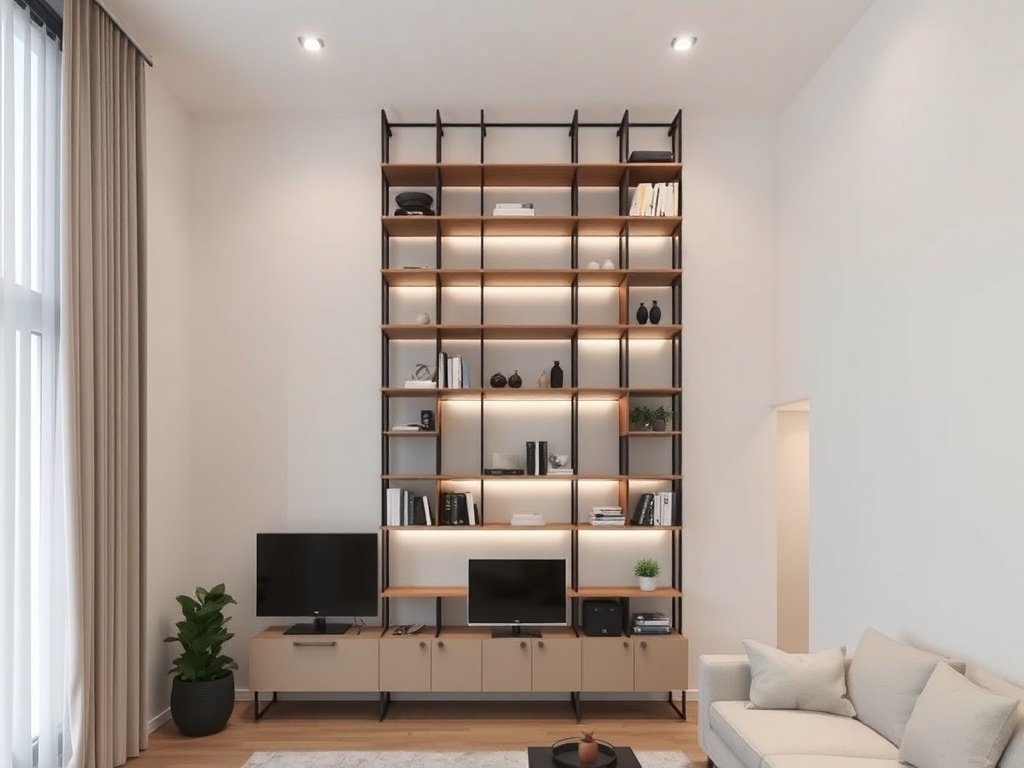 a modern apartment with vertical shelving reaching ceiling, clean minimal design, neutral tones, soft lighting