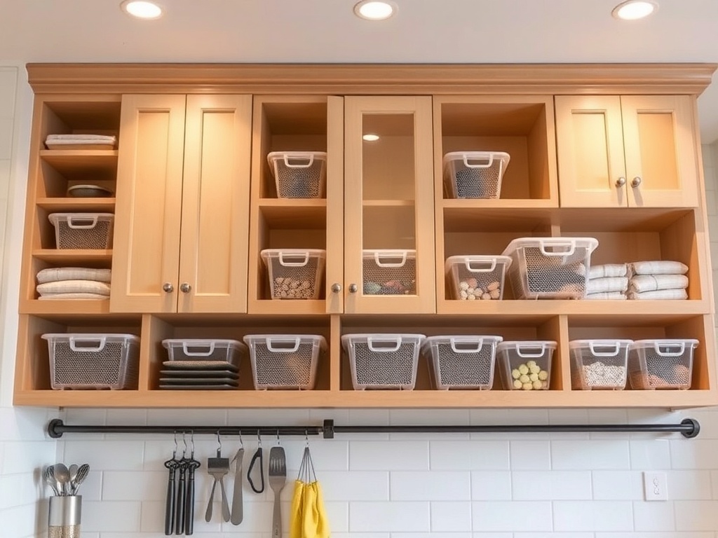 kitchen cabinets extended to ceiling with organized storage bins, aesthetic and practical, warm lighting