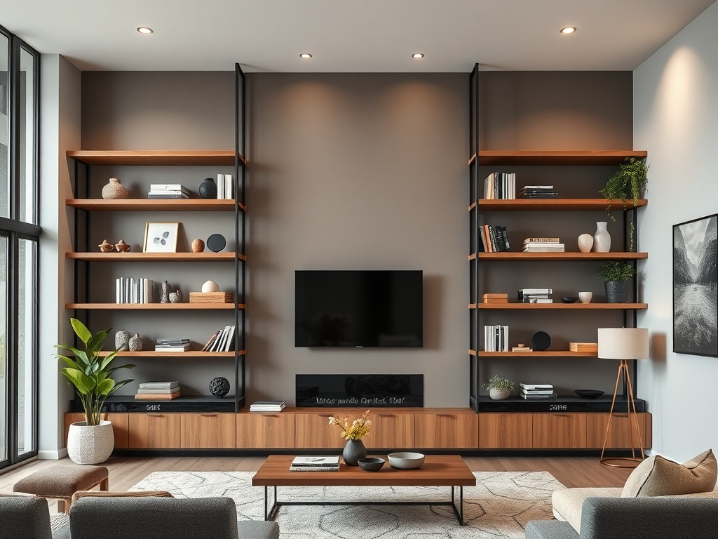 living room with tall shelving units and floating shelves, modern interior design, cozy yet organized