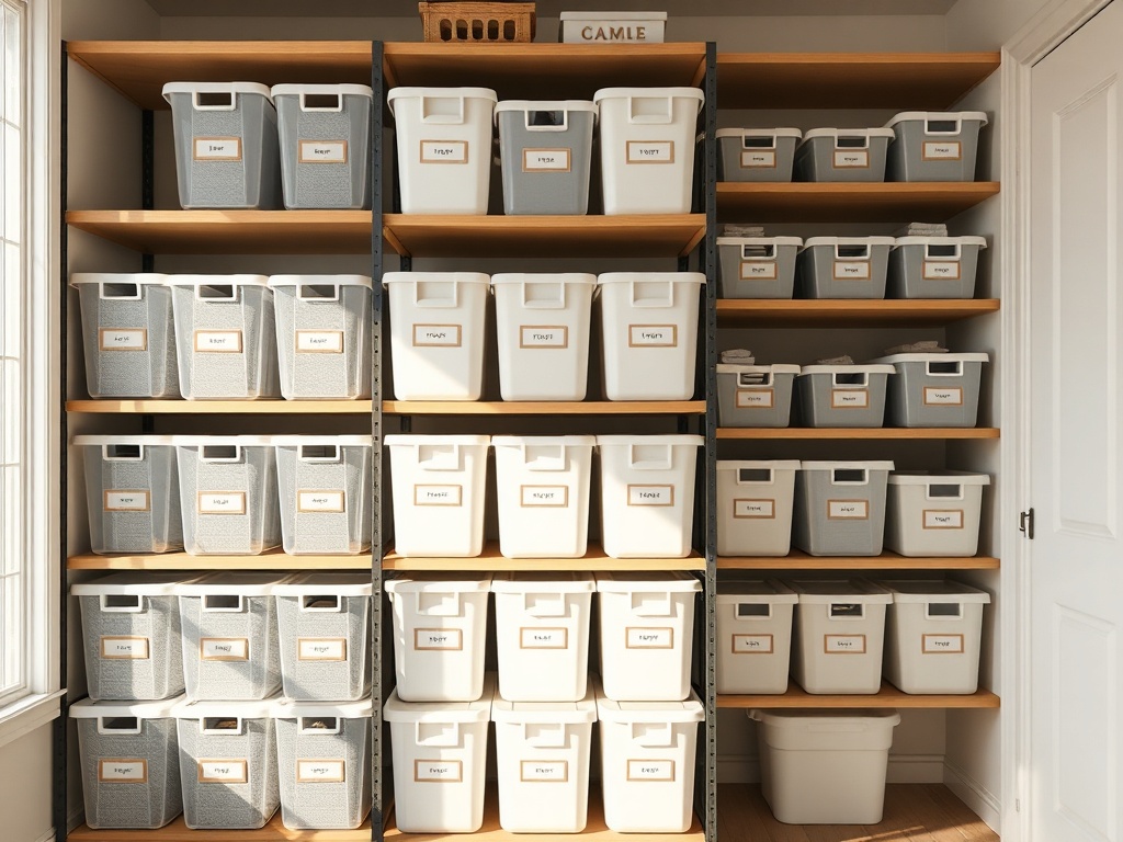 organized storage bins stacked vertically on shelves, labeled minimal aesthetic, soft natural light