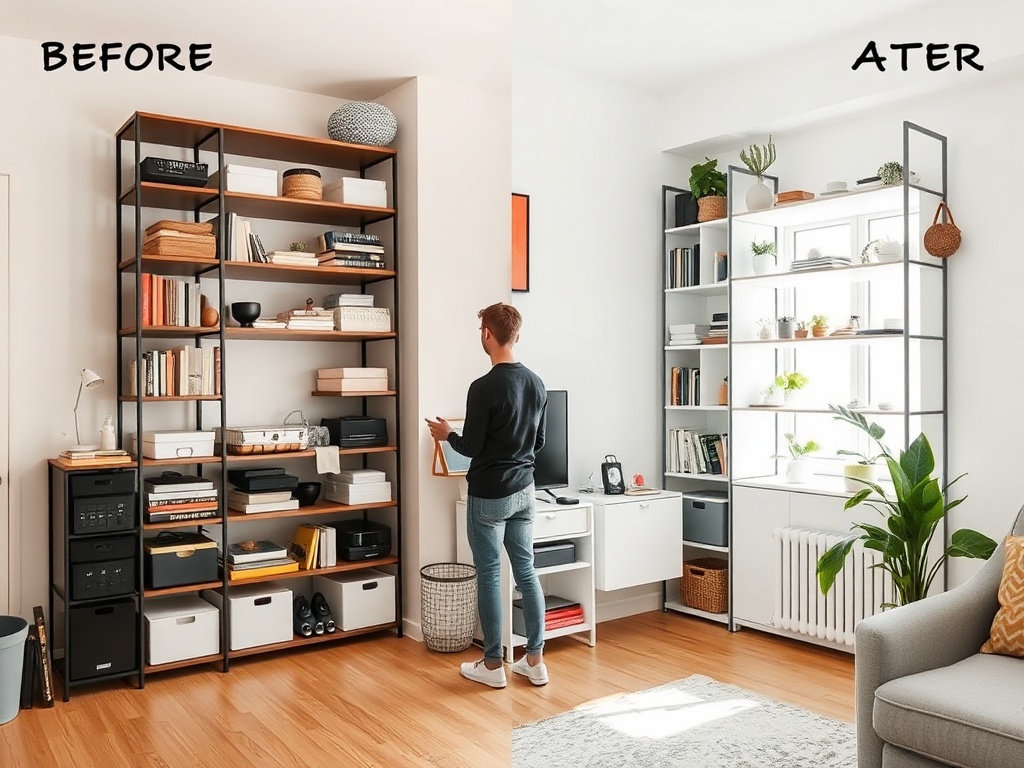 person organizing shelves vertically in a small apartment, before and after transformation, bright clean space