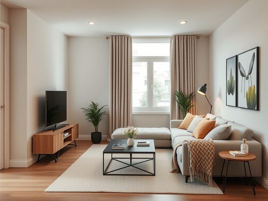 a realistic small apartment living room with clever hidden storage, neutral tones, clean but lived-in look