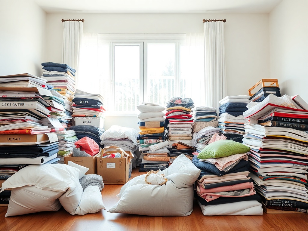 decluttering process with sorted piles keep donate discard in a bright room