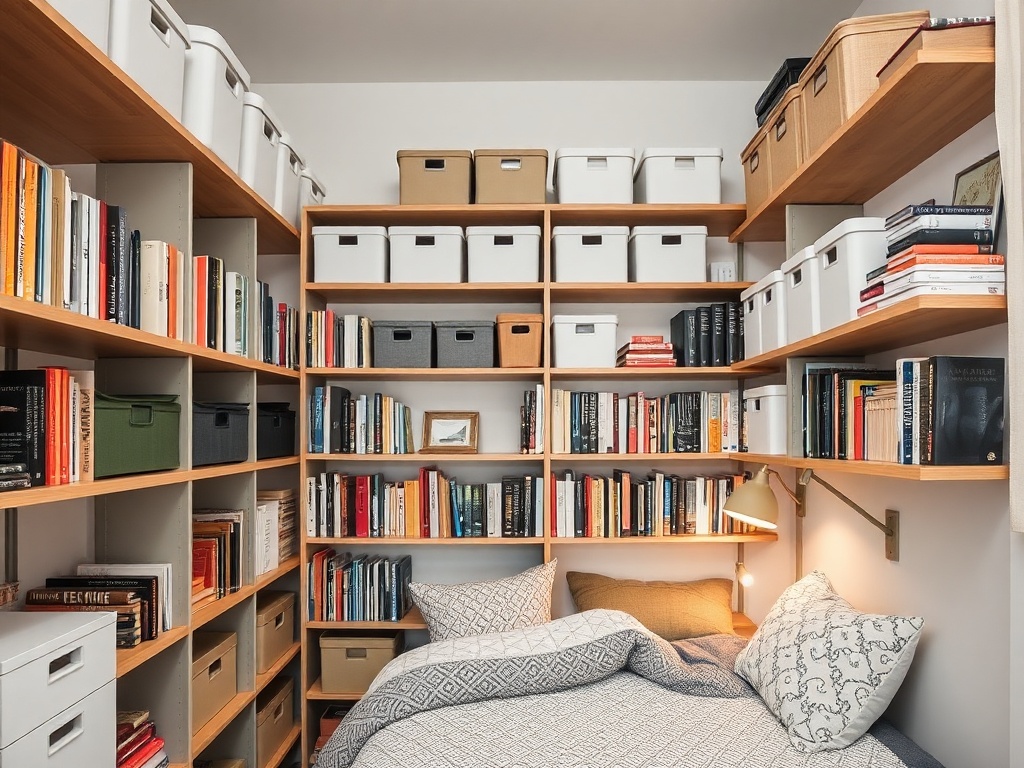 floor to ceiling shelving in a small bedroom with neatly organized storage bins and books