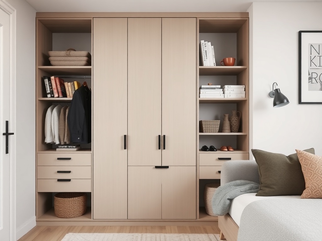 minimalist storage setup with neutral tones and cohesive design in a small apartment