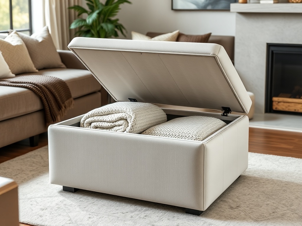 modern ottoman with hidden storage open showing blankets inside in a cozy living room