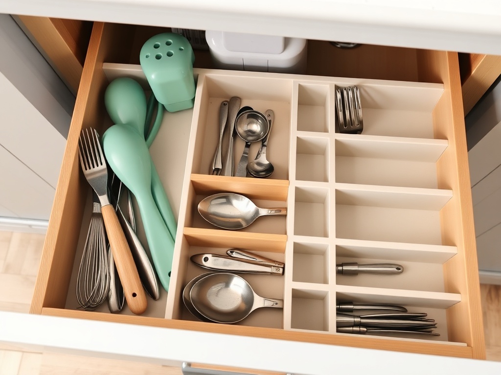 organized kitchen drawer with dividers and neatly arranged utensils