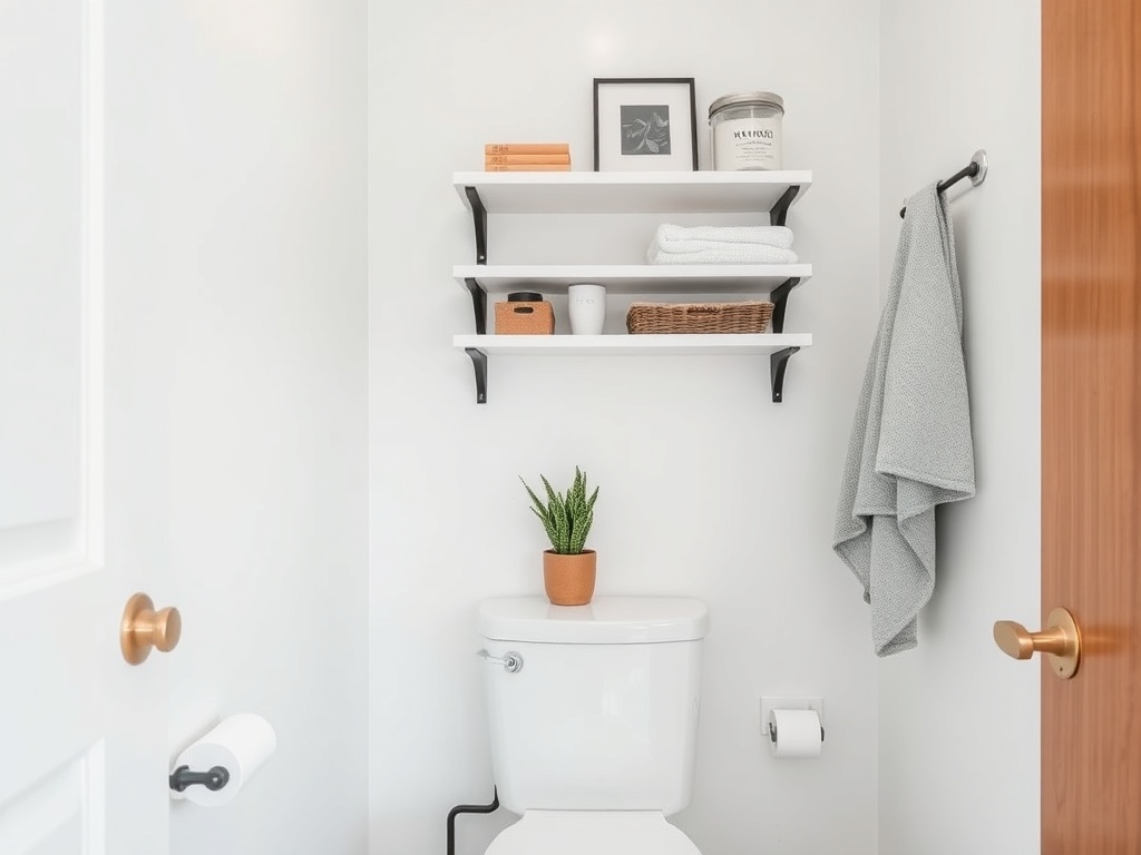 small bathroom with vertical shelves above toilet and minimalist organization