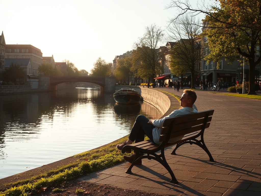afternoon by Rideau Canal bench seating, person relaxing, calm water, soft sunlight, peaceful small town scene