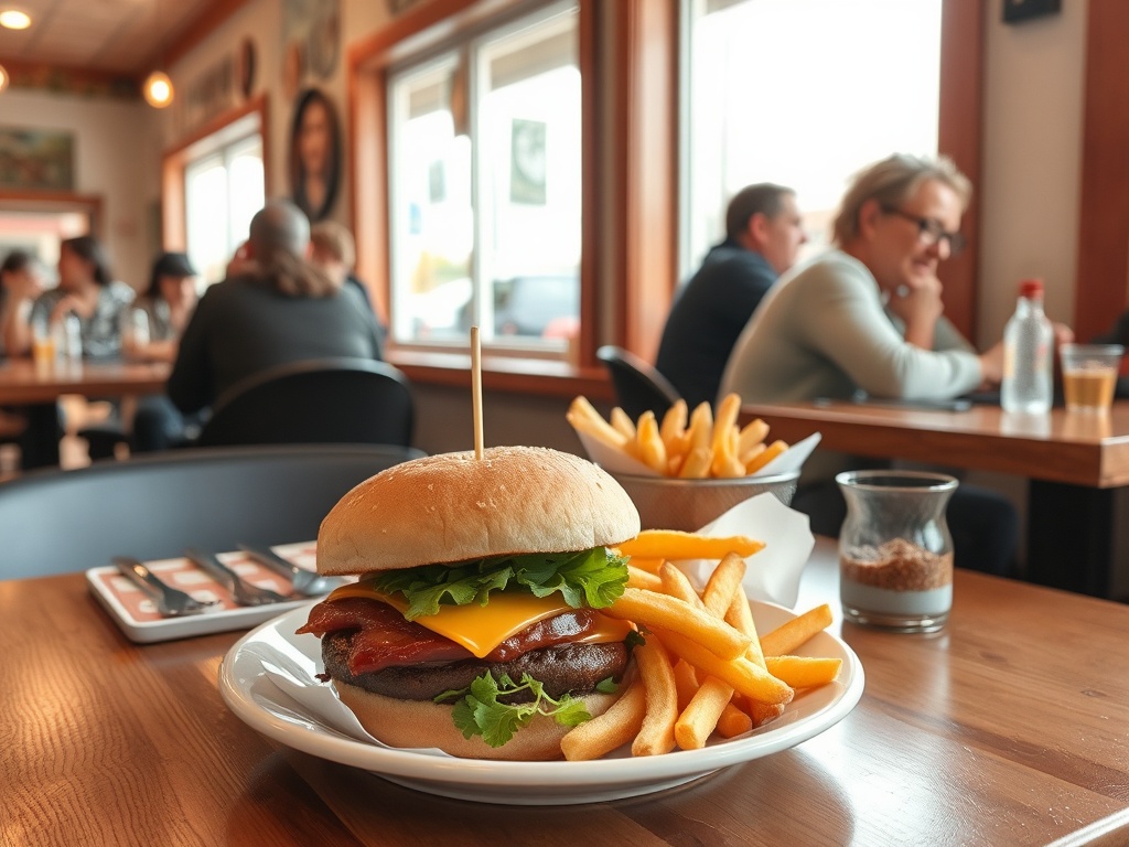casual lunch in small town Ontario restaurant, sandwich and fries on table, window seating, natural light, relaxed dining