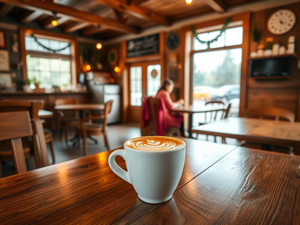 cozy small town cafe interior, warm lighting, wooden tables, coffee cup with latte art, relaxed atmosphere, Ontario
