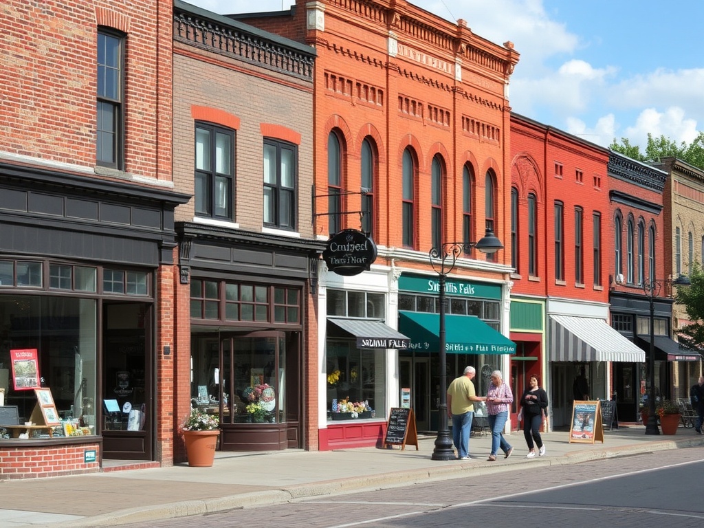 downtown Smiths Falls Ontario streetscape, independent shops, historic brick buildings, pedestrians walking, small town vibe