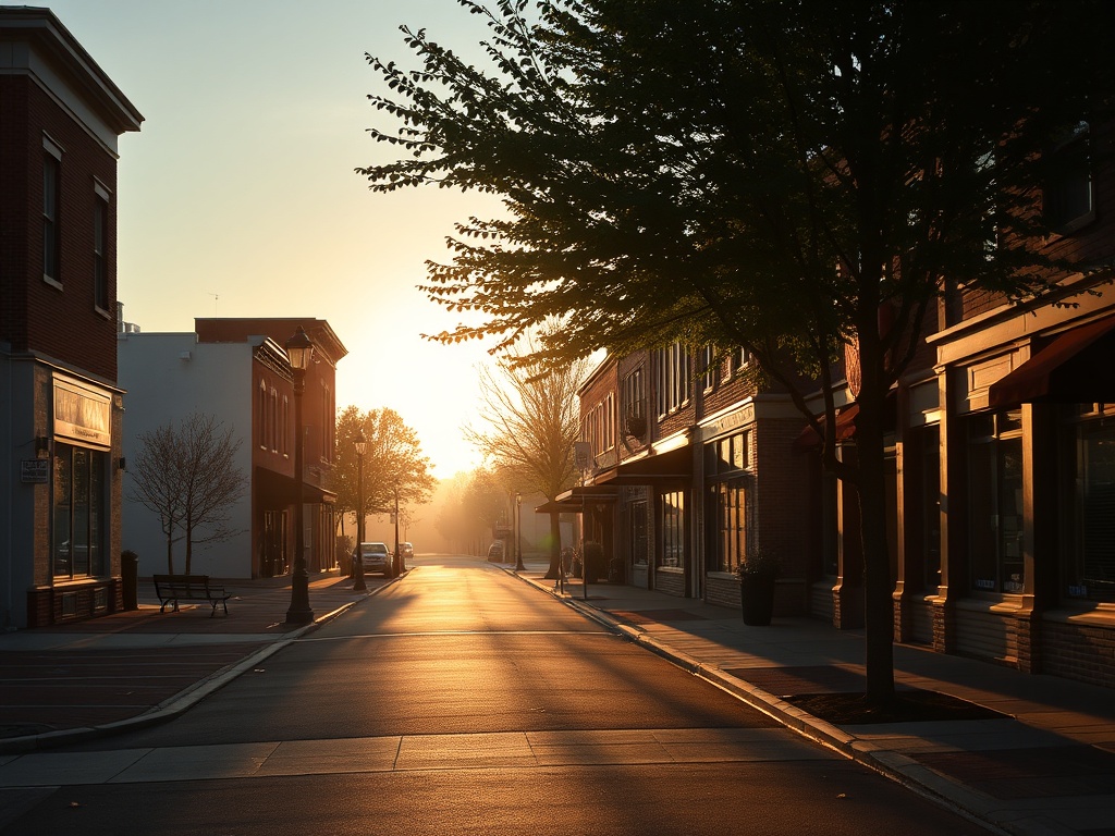 early morning in Smiths Falls Ontario, quiet downtown street, soft golden light, small town charm, empty sidewalks, historic buildings