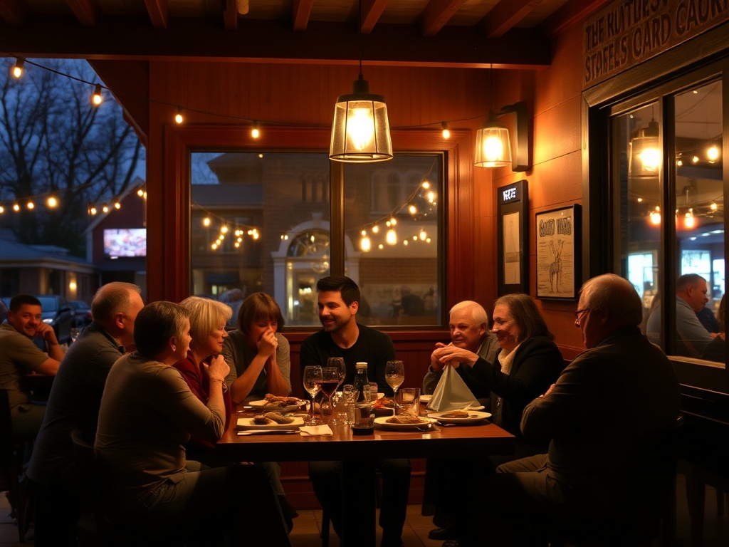 evening dinner small town restaurant Ontario, warm lighting, cozy atmosphere, people enjoying meal, relaxed vibe