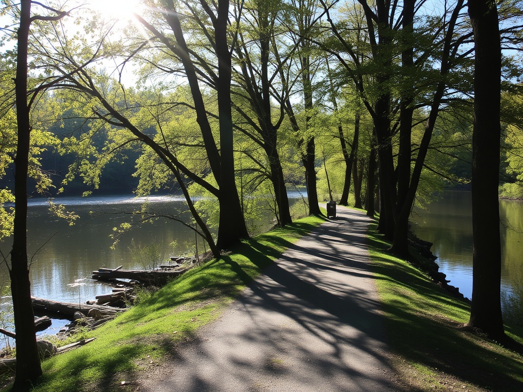 hidden scenic spot in Smiths Falls near water, quiet pathway, trees, sunlight filtering through leaves, peaceful hidden gem