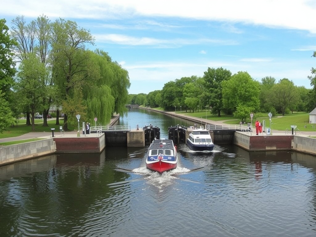 Rideau Canal locks in Smiths Falls Ontario, boats passing through locks, calm water, green trees, blue sky, peaceful atmosphere