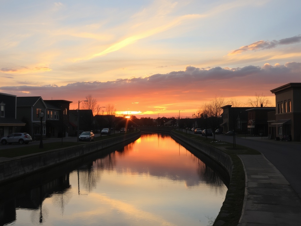 sunset in Smiths Falls Ontario, golden sky over canal, reflections in water, quiet streets, peaceful evening